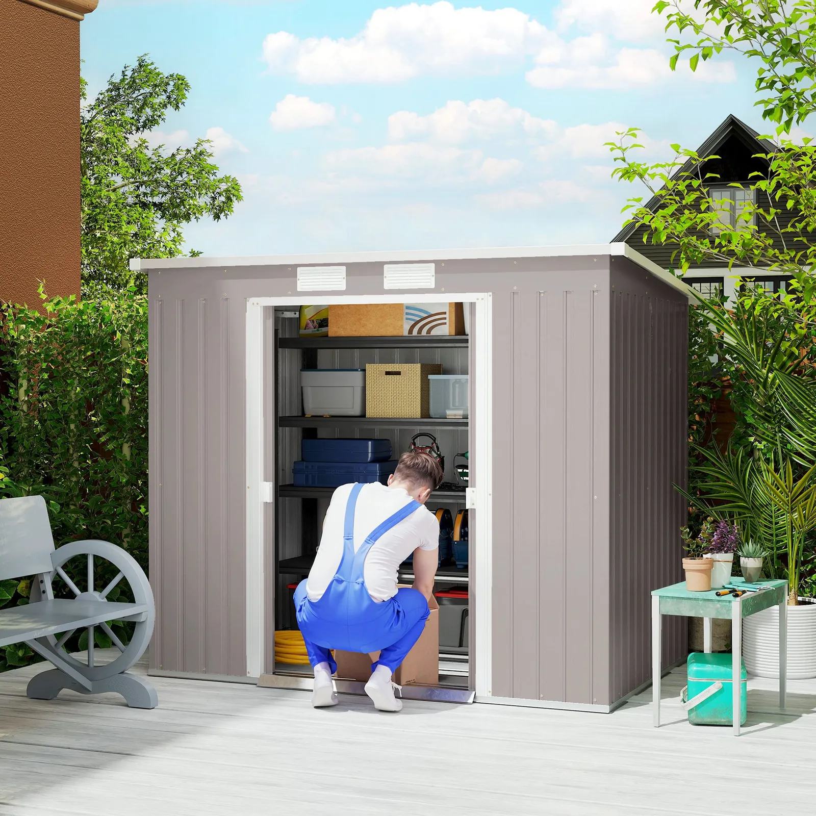 OUTSUNNY 7 x 4ft Metal Garden Storage Shed w/ Double Door Green in Grey