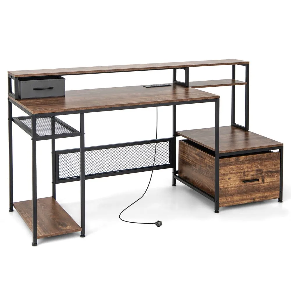 Costway 170CM Computer Desk Monitor Stand Writing Table W/ Power Outlets in Brown 5