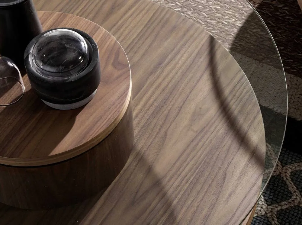 Angel Cerda Round Tempered Glass Coffee Table Walnut Veneer Legs in Brown 5