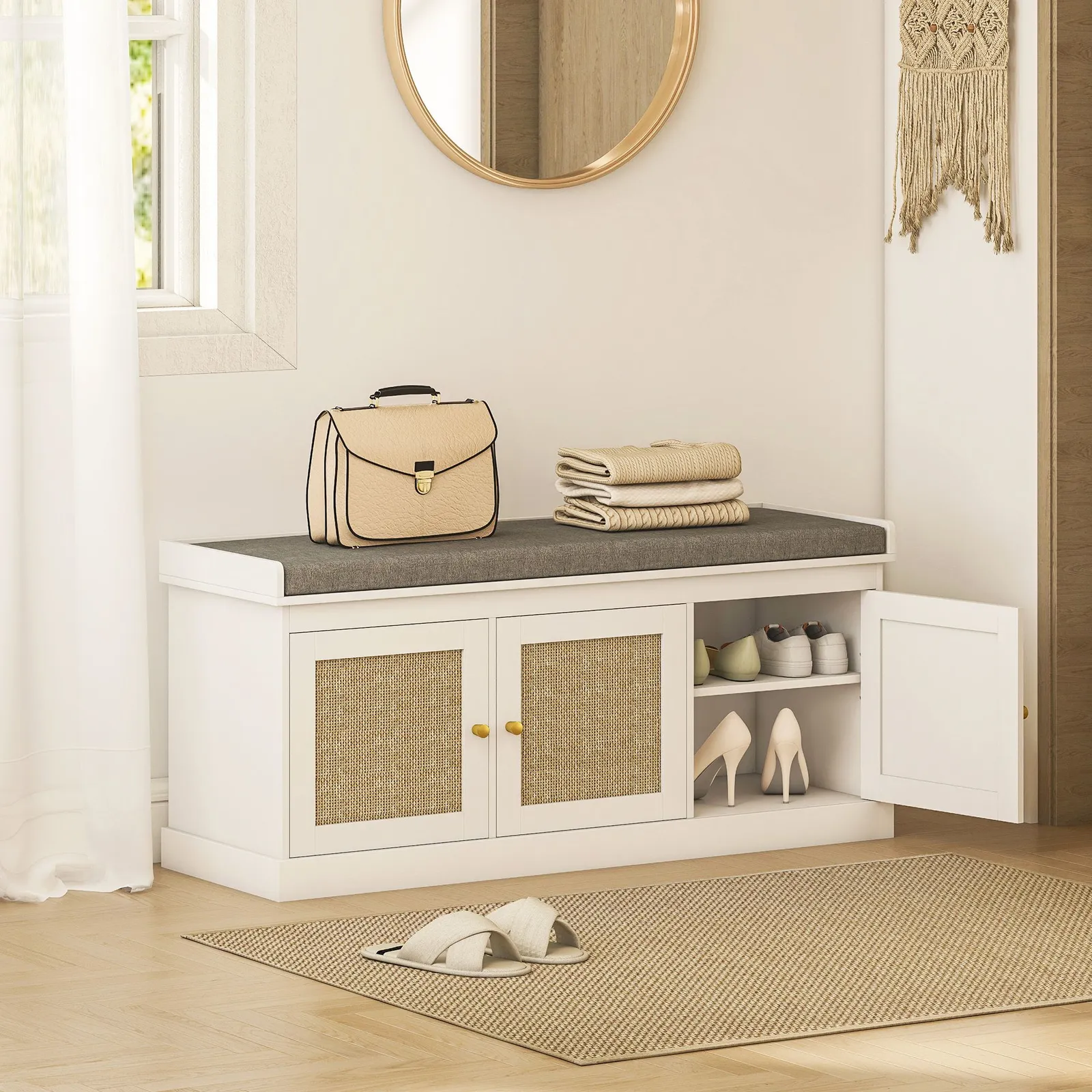 HOMCOM Shoe Storage Bench with Rattan Doors, Cushion, Entryway Shoe Bench in White