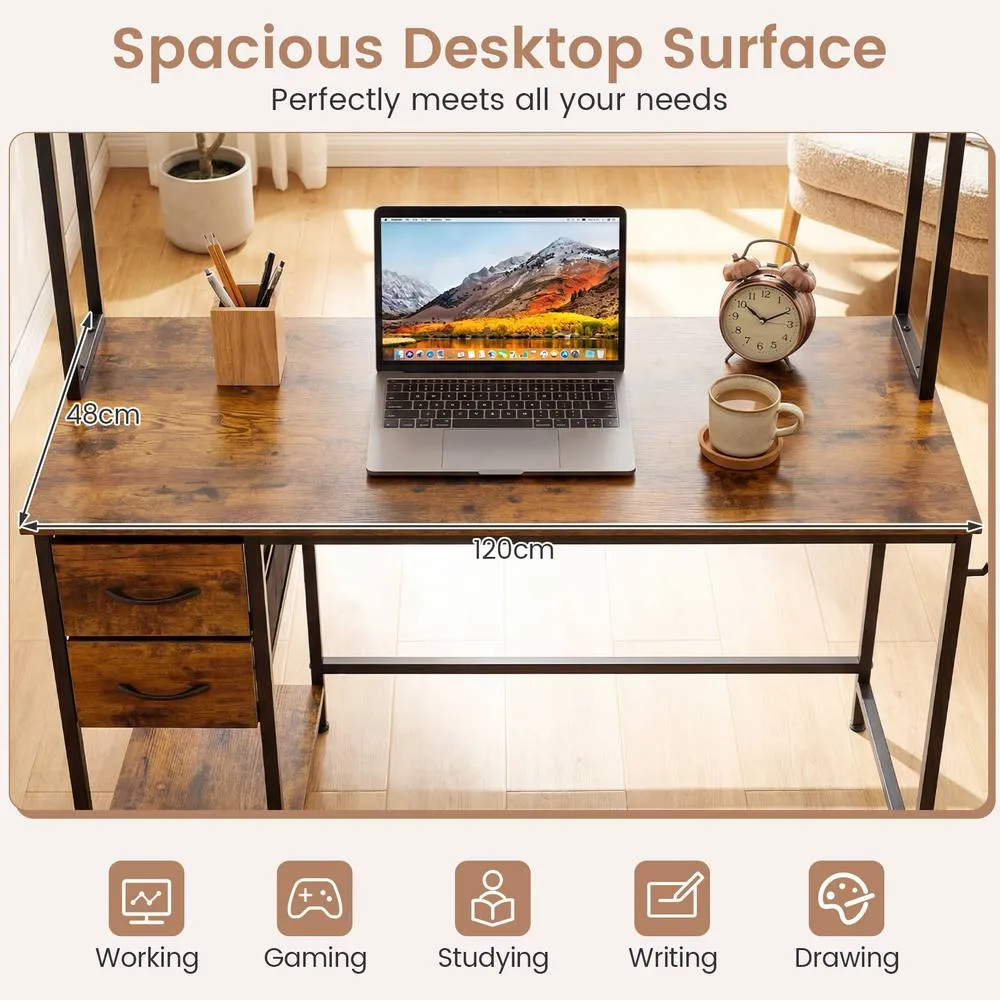 Costway Computer Desk with Hutch Reversible Executive Desk with Fabric Drawers in Brown 4