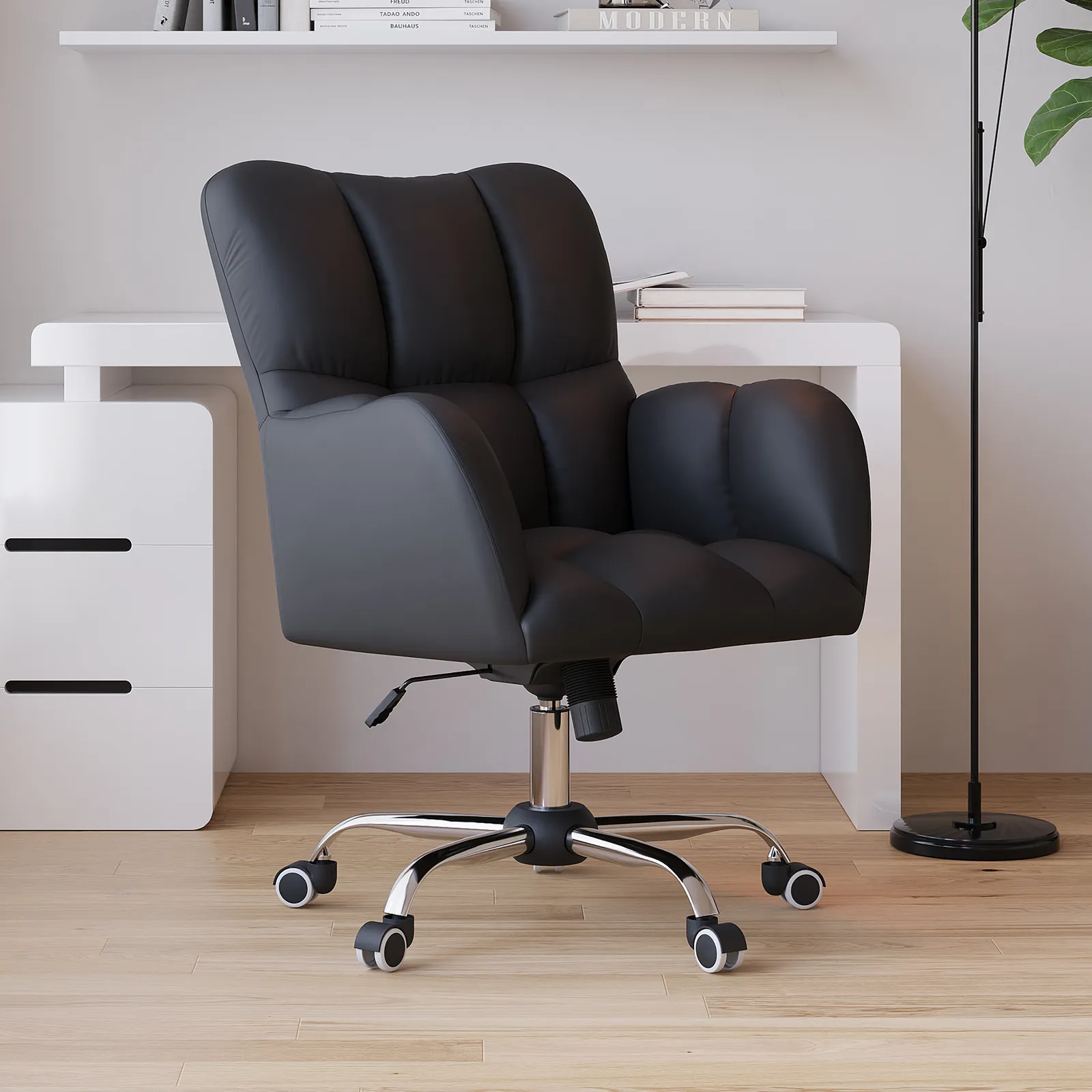 Height Adjustable Office Chair Faux Leather Swivel Office Chair in Black
