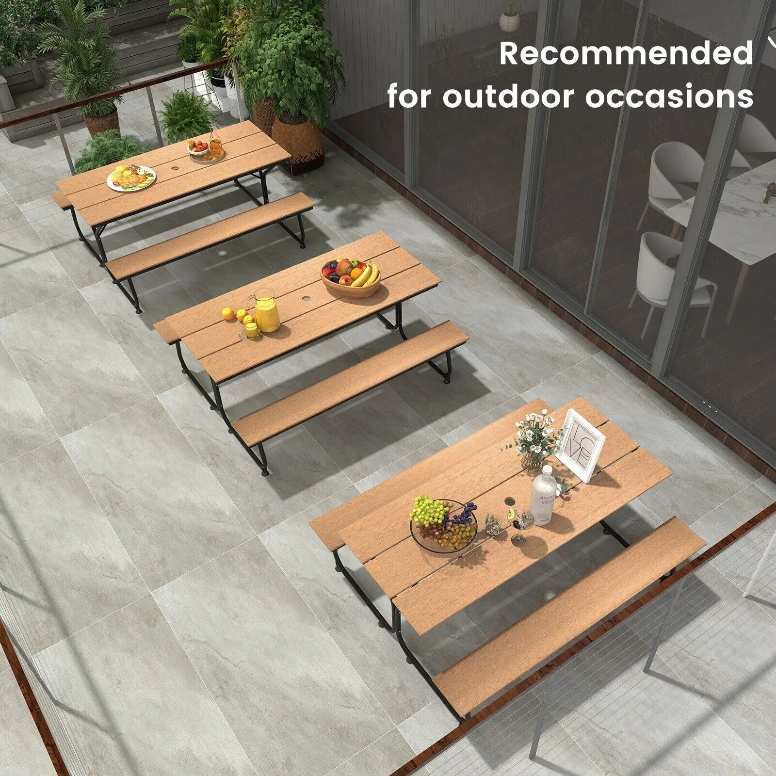 Costway Outdoor Dining Table & 2 Benches Picnic Table Bench Set w/ Umbrella Hole in Brown 3