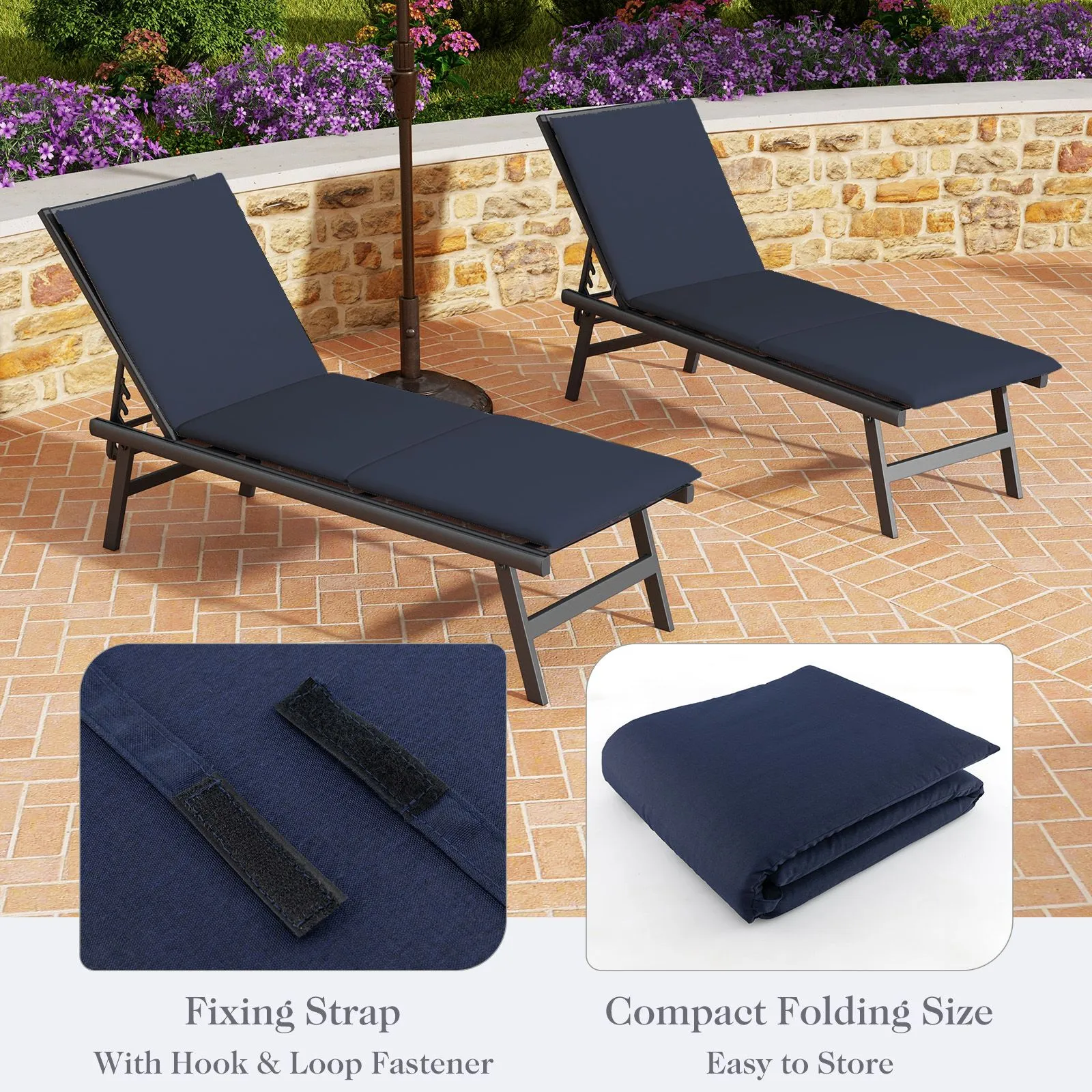 Costway 2 PCS Chaise Lounge Cushion Tri-Fold Lounger Pad 182 x 59 cm in Blue 3