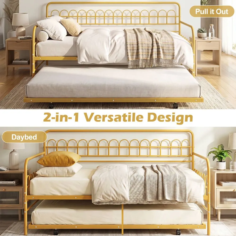 Costway Single Daybed with Trundle Metal Sofa Bed w/Curved Backrest in Gold 5
