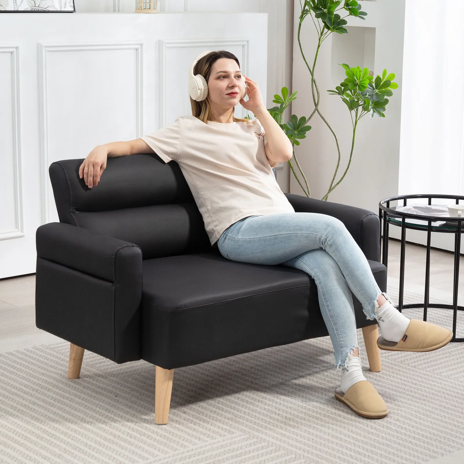 HOMCOM 2 Seater Sofa Settee, Modern Faux Leather Couch with Wood Legs in Black