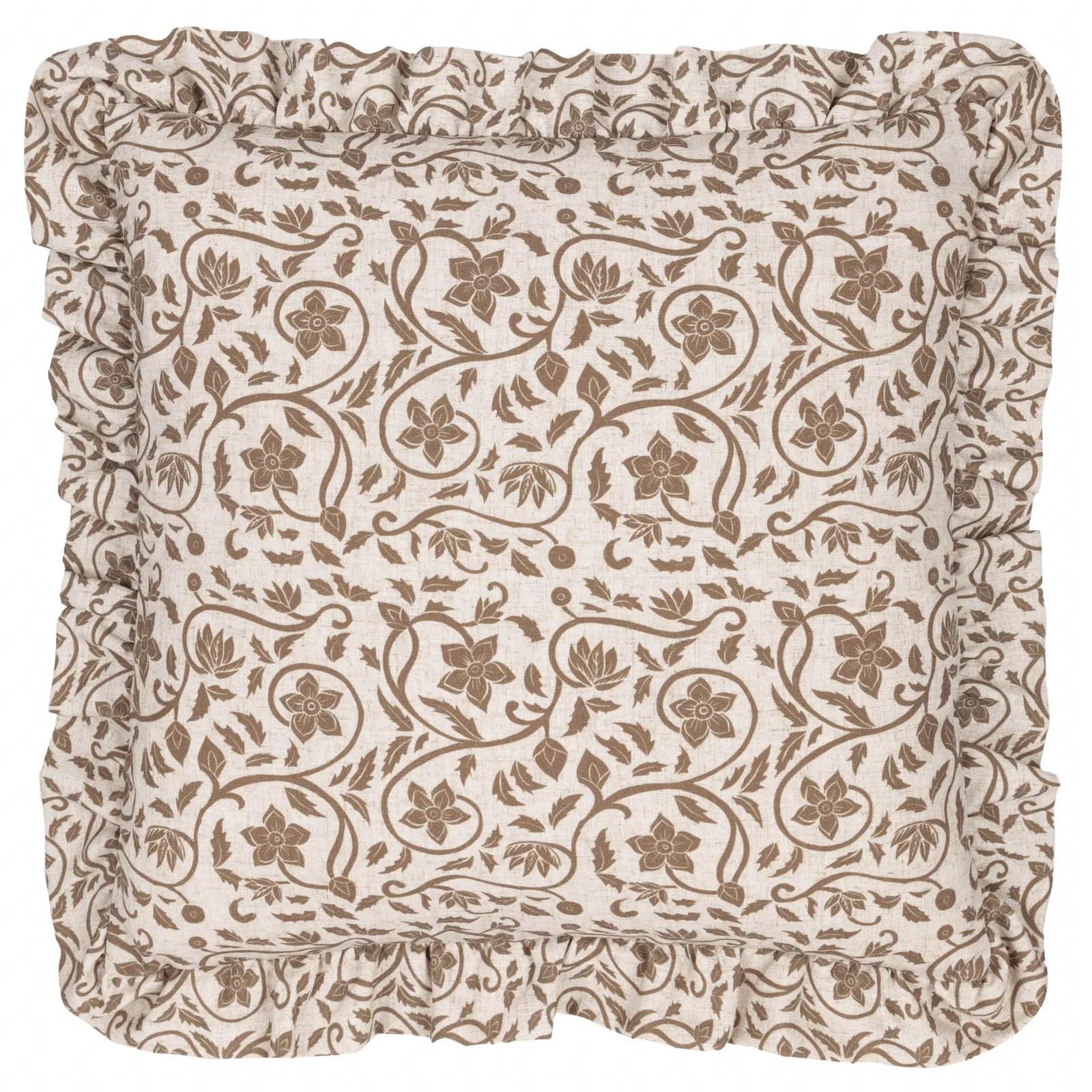 Paoletti Linen Filigree Printed Ruffle Cushion in Olive 2