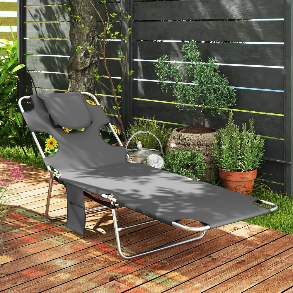 OUTSUNNY Sun Lounger with Reading Hole, Folding Garden Lounger, Dark Grey