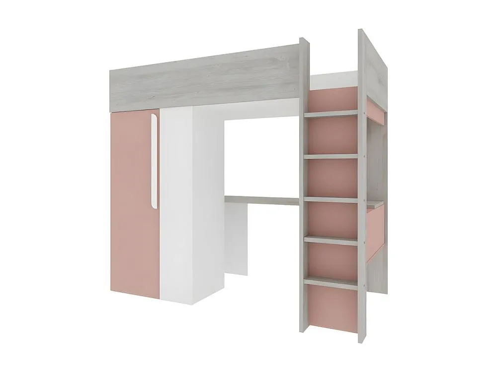 Vente-unique High Sleeper Bed 90 X 200 Cm With Wardrobe & Desk - Pink & White 5