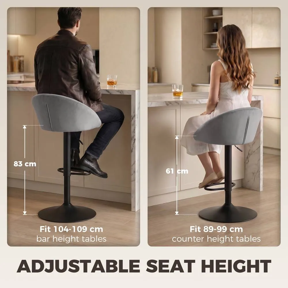 HOMCOM Bar Stools Set of 2 Velvet Adjustable Swivel in Light Grey 6
