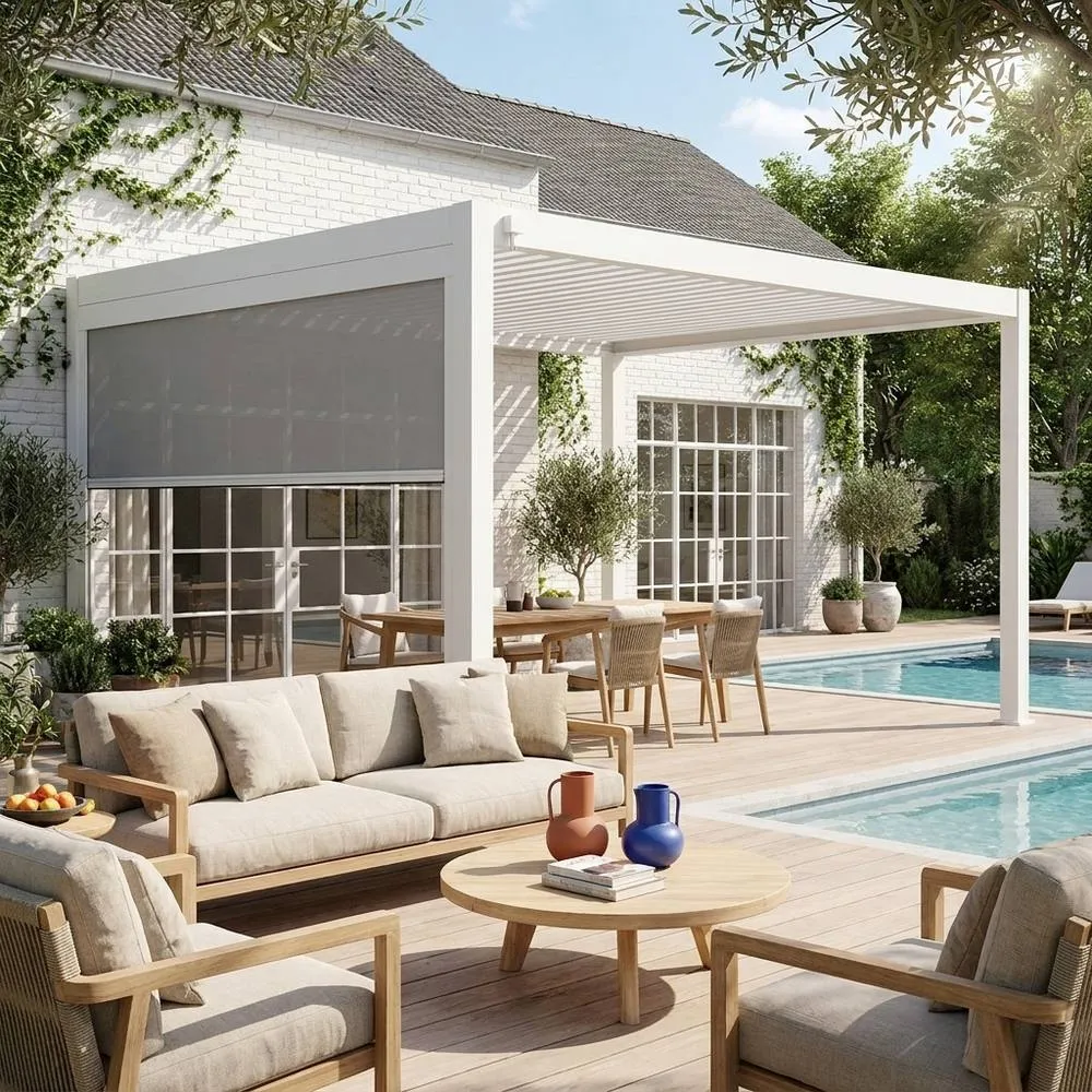 sweeek Louvered pergola aluminium 4 x 3m & 3m blind in White