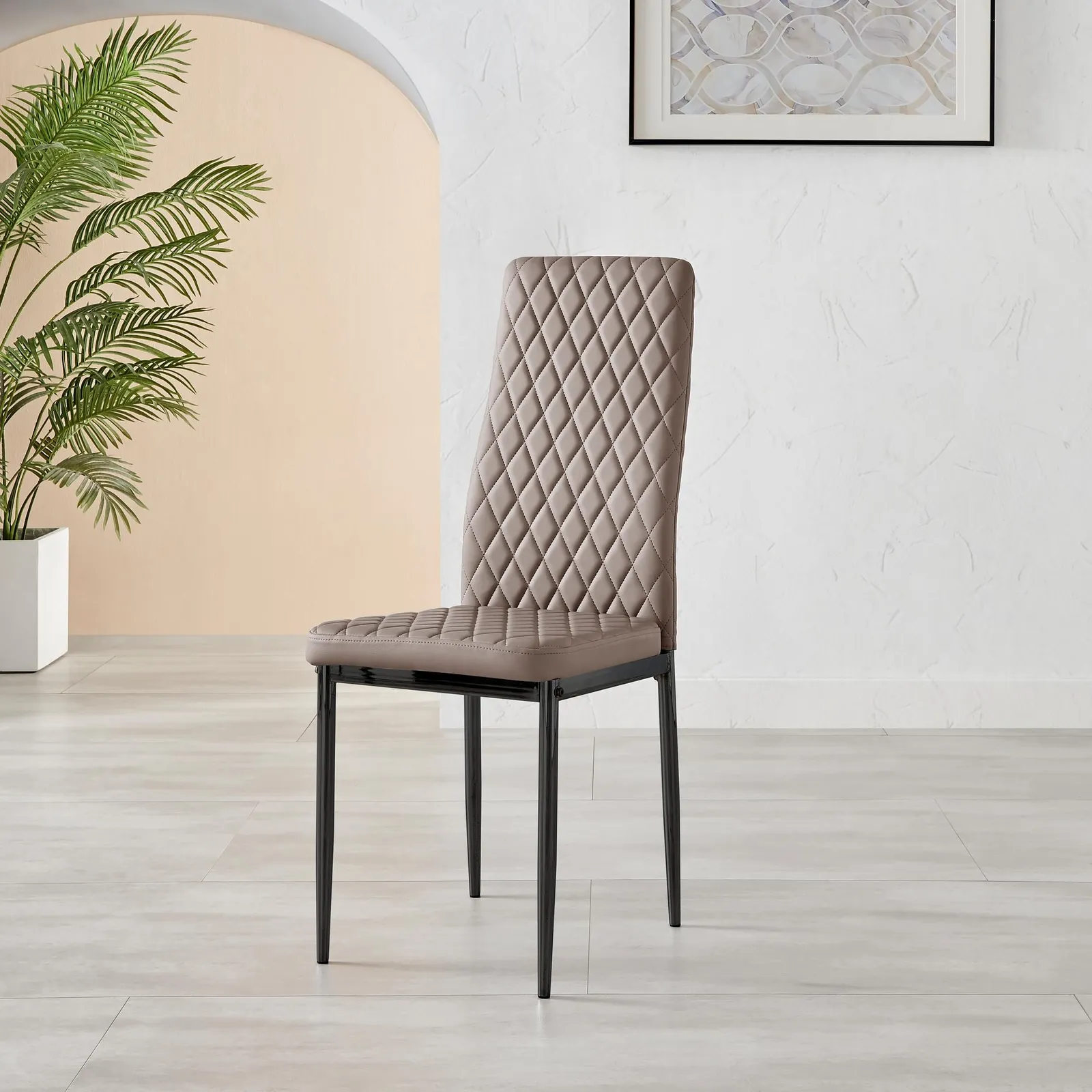 FurnitureboxUK Set of 6 Milan High Back Soft Touch Diamond Pattern Faux Leather Dining Chairs With Black Powder Coated Metal Legs in Beige 4