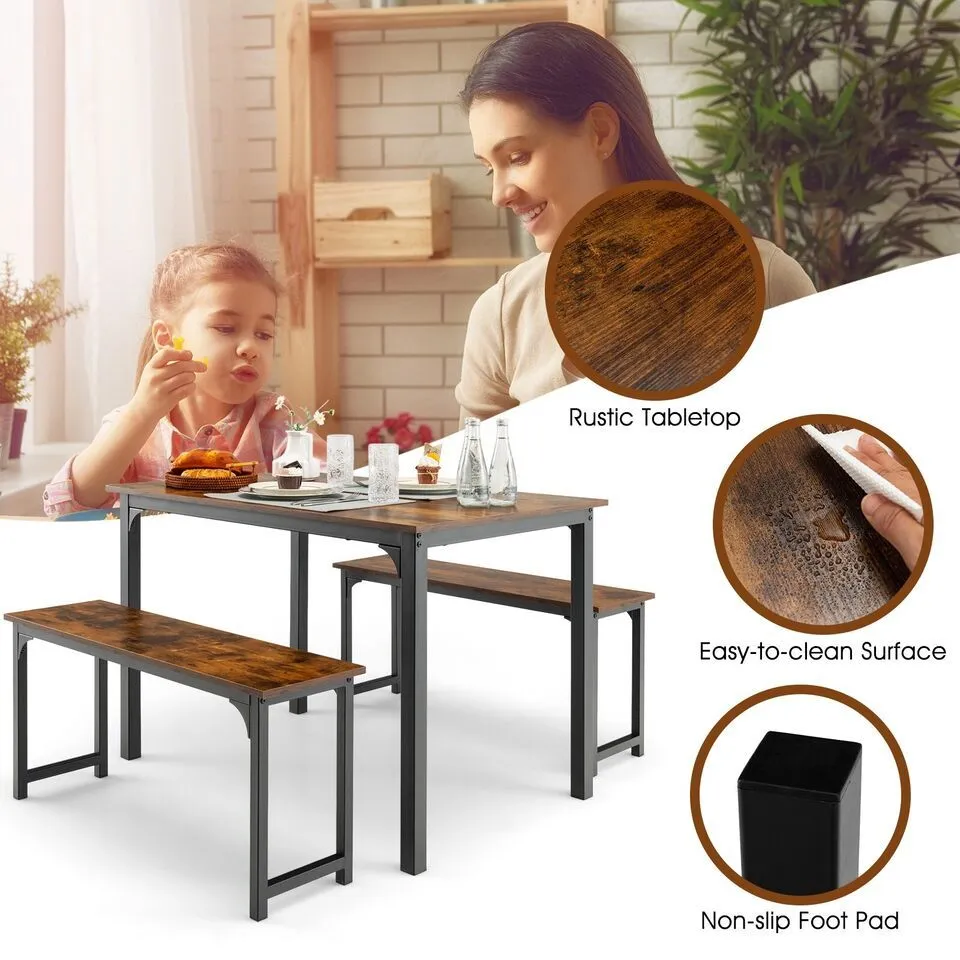 Costway 3 PCS Dining Table Set Space-Saving Kitchen Table Set w/2 Benches in Brown 5
