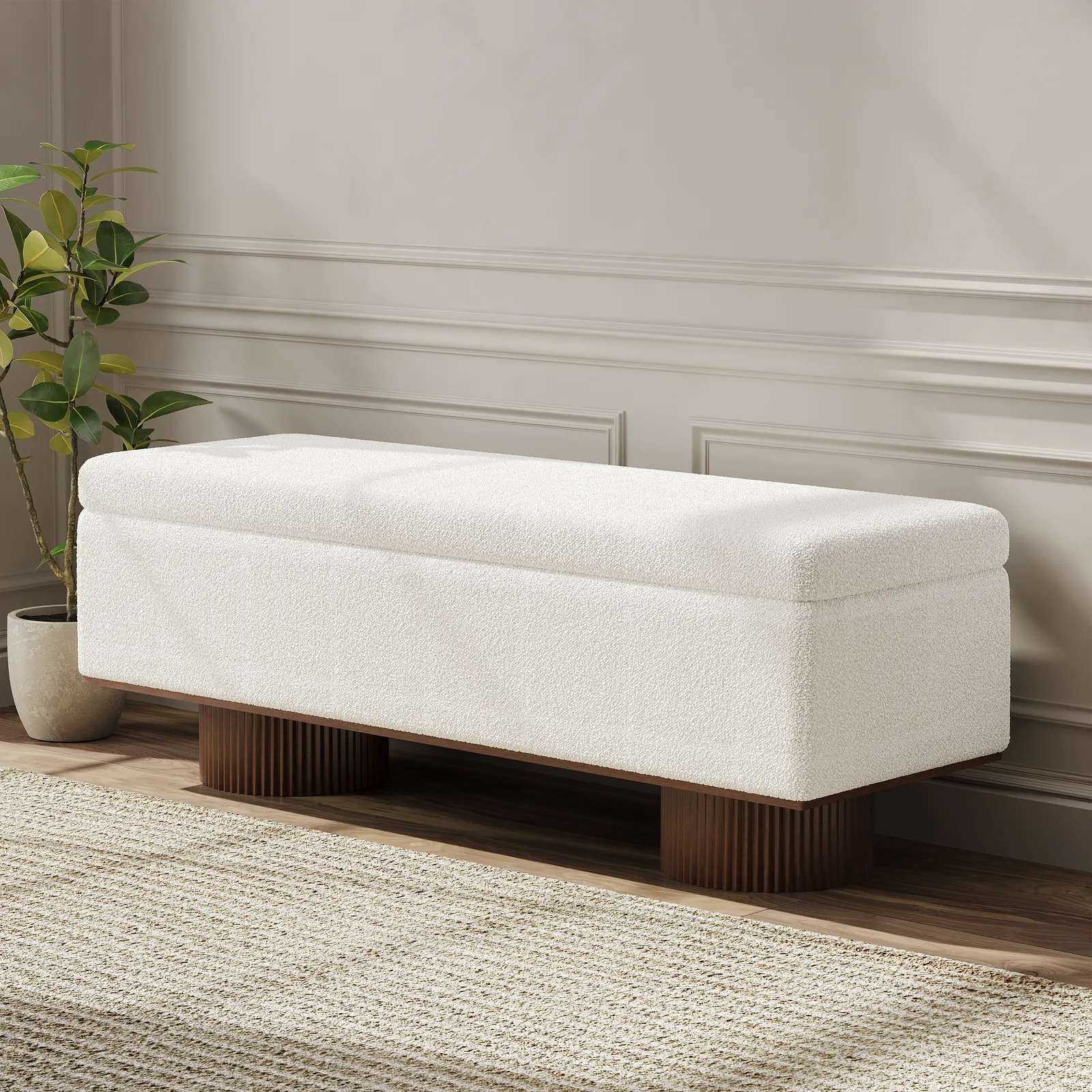 Storage Entryway Bench Boucle & Wood Entryway Furniture in White