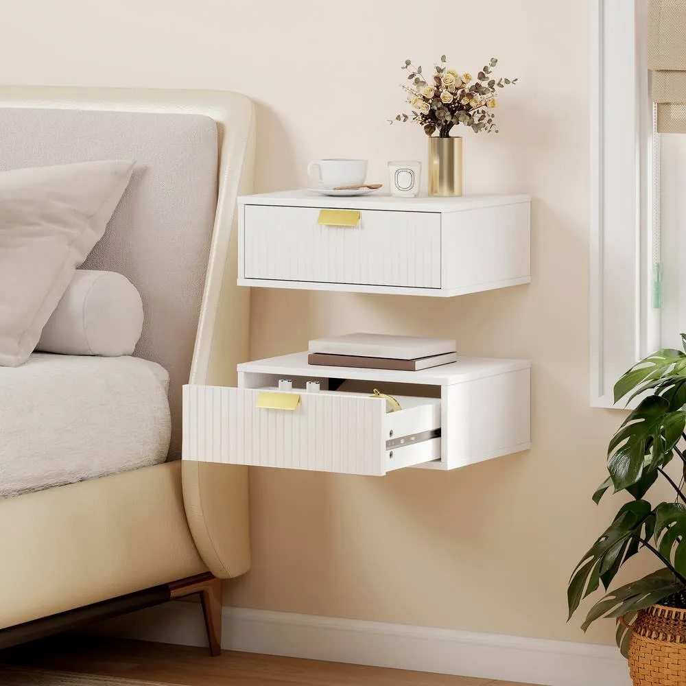 HOMCOM Floating Nightstands Set of 2 Bedside Tables w/ Wave Drawer in White