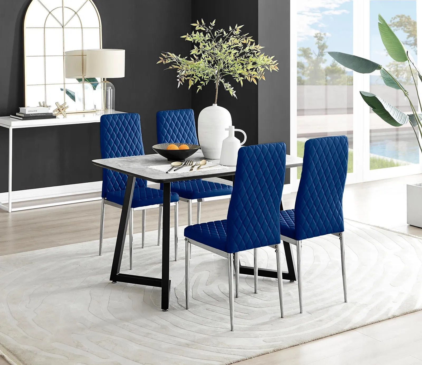 FurnitureboxUK Carson White Marble Effect Dining Table & 4 Velvet Milan Chairs in Navy
