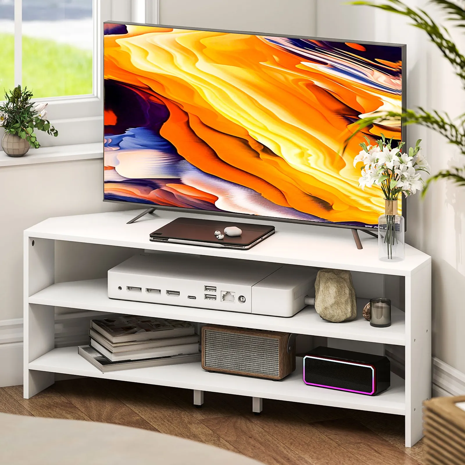 HOMCOM Corner TV Stand, TV Unit with Open Shelves for 47 Inch TV in White 2