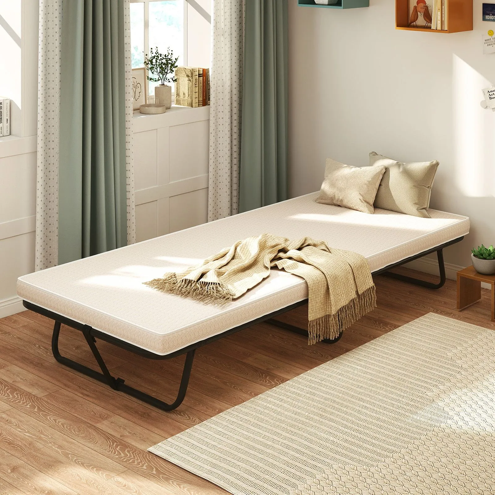 Costway 190 x 80 cm Folding Bed Portable Guest Bed with Mattress in Beige 2