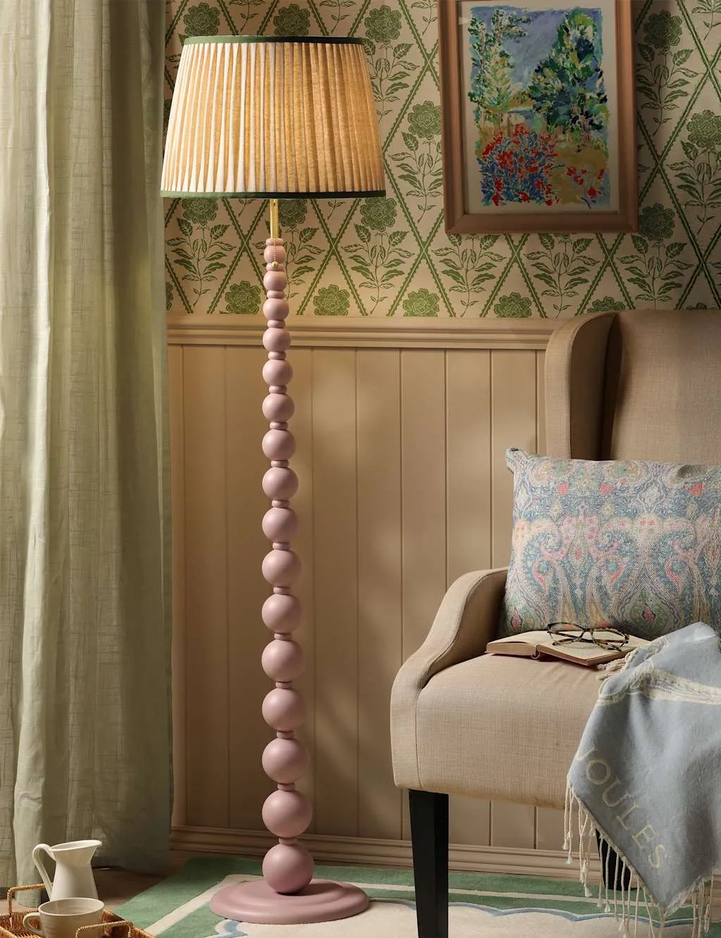 Joules Home Lighting Harewood Wood Bobbin Floor Lamp Pink Mix