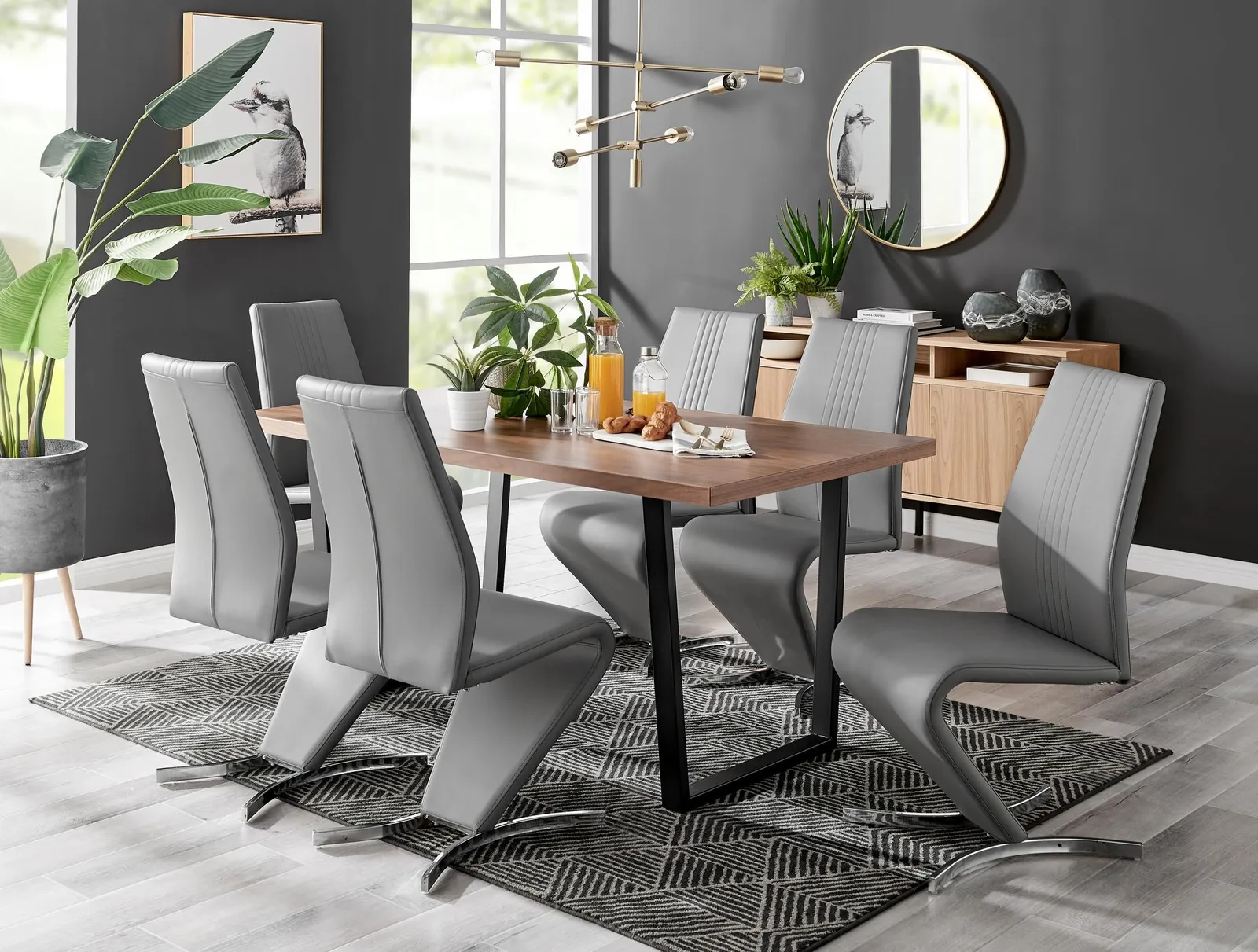 FurnitureboxUK Kylo Large Brown Wood Effect Dining Table & 6 Willow Faux Leather Chairs in Grey 1