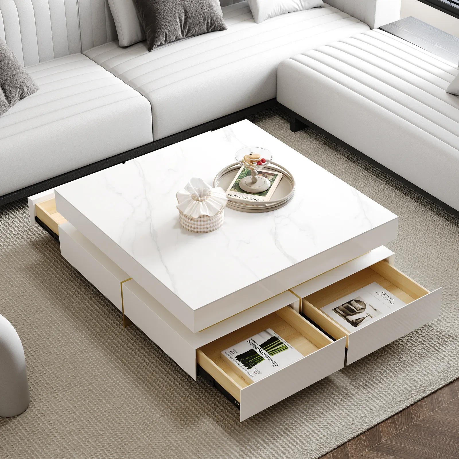 White Modern Square Coffee Table with Drawers  Sintered Stone Top & Metal Legs