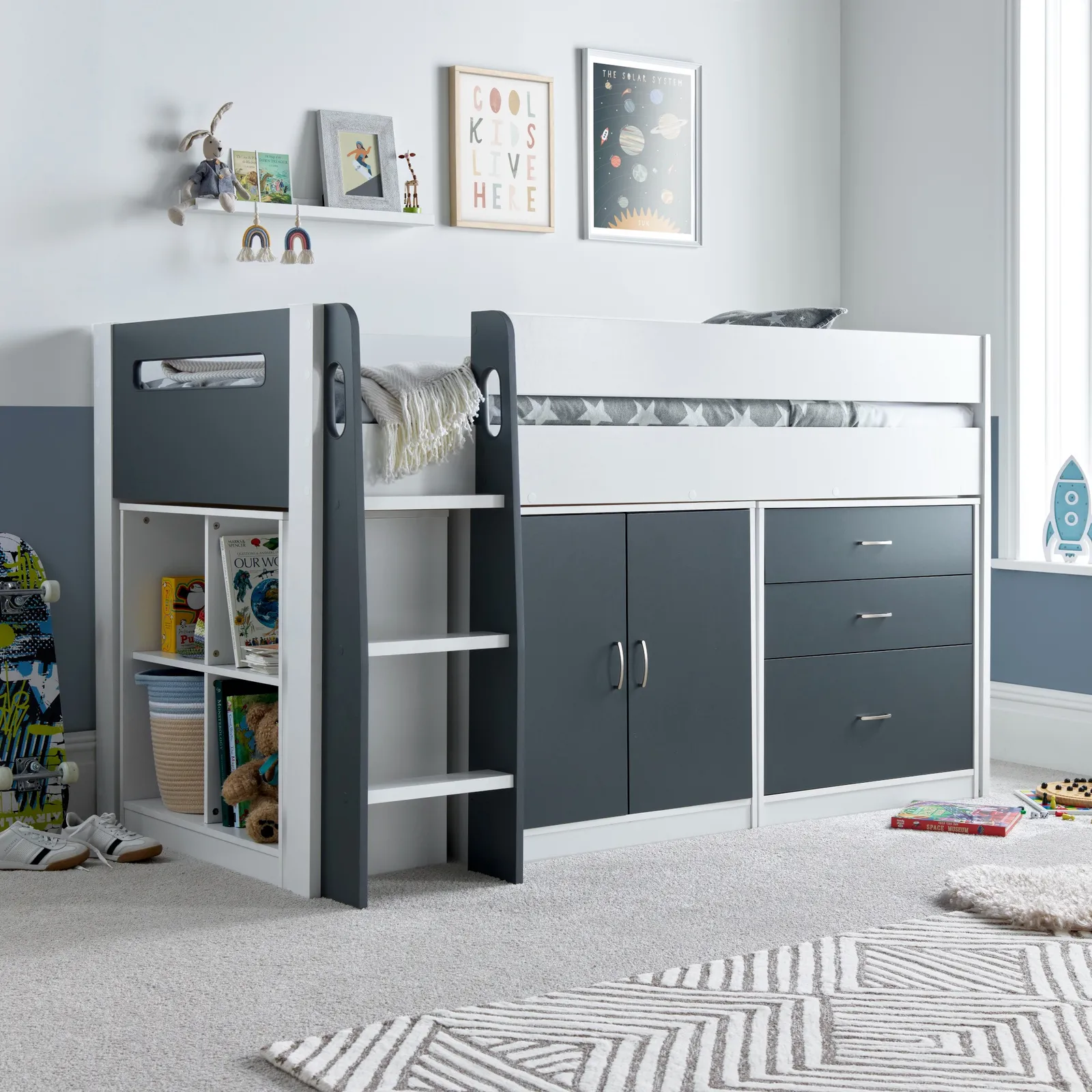 Lacy - Single - Storage Midsleeper Bed - Grey-White - Wooden - 3ft - Happy Beds 1