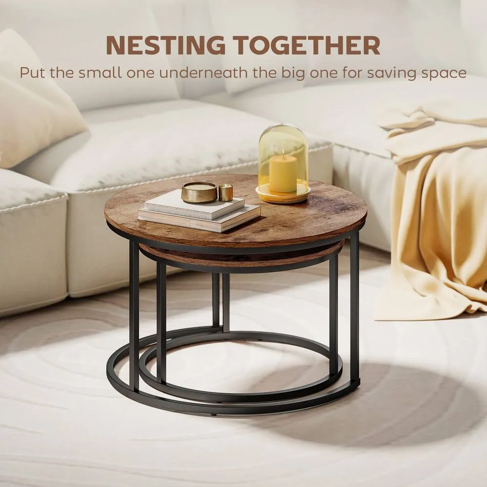 HOMCOM Marble Coffee Table Set of 2, Round Nest of Tables, Rustic Brown 4