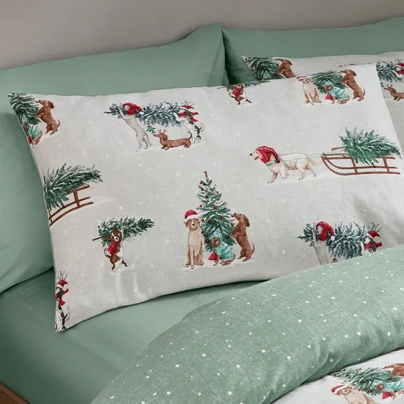 Catherine Lansfield Christmas Dogs 100% Brushed Cotton Duvet Cover & Pillowcase Set 4