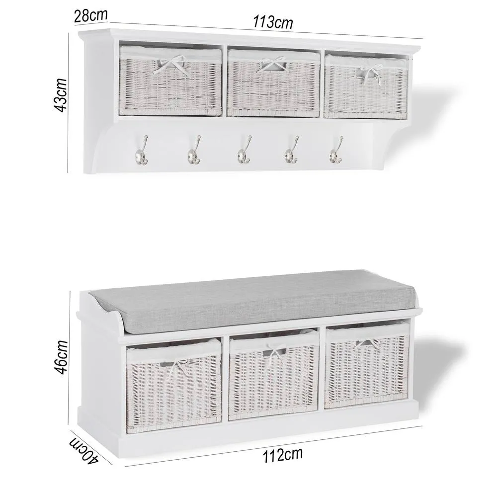 Statement Furniture Tetbury 3 White Wicker Basket & Grey Cushion Hallway Set 2