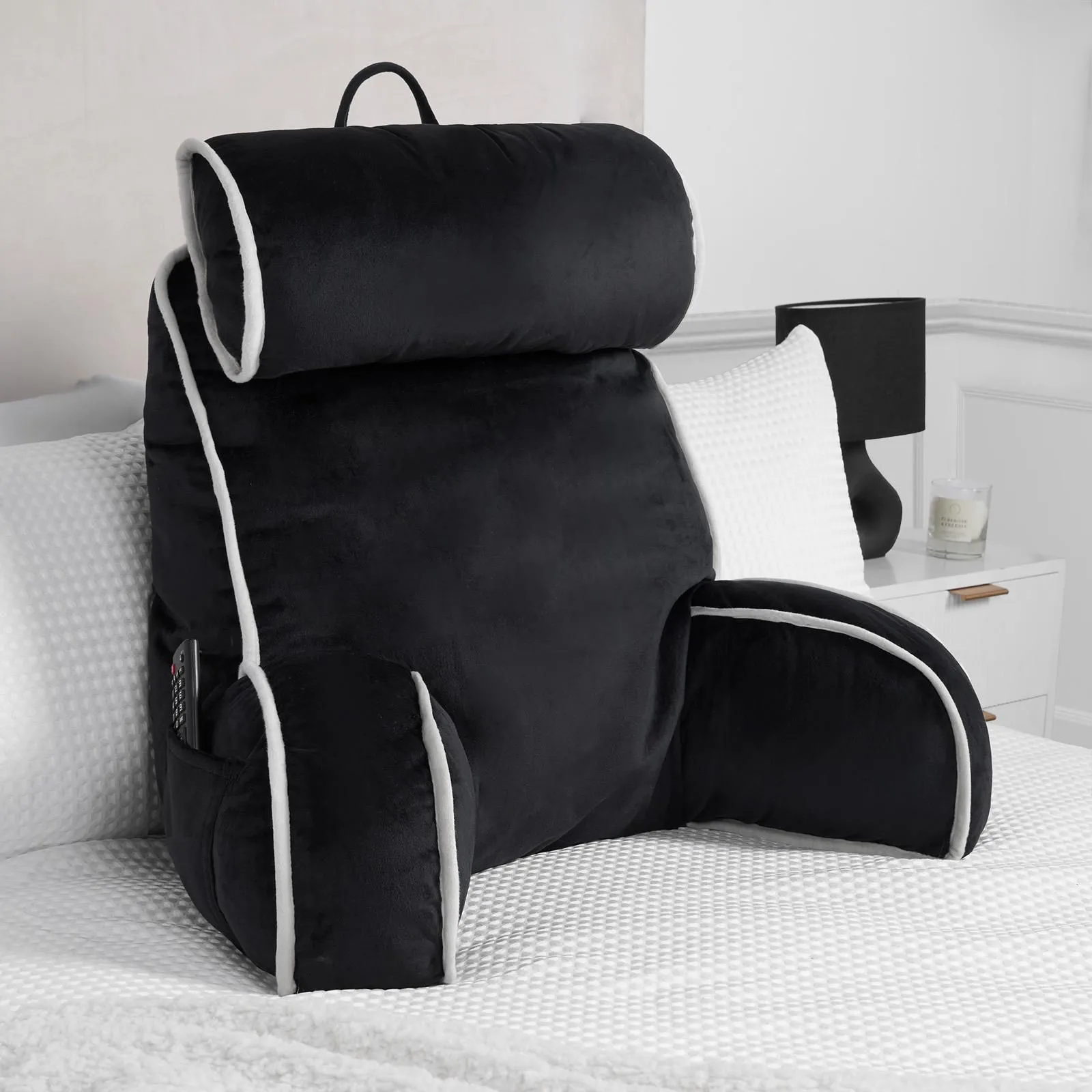 OHS Piped Edge Reading Pillow with Head Rest Back Support Bed Sofa in Black