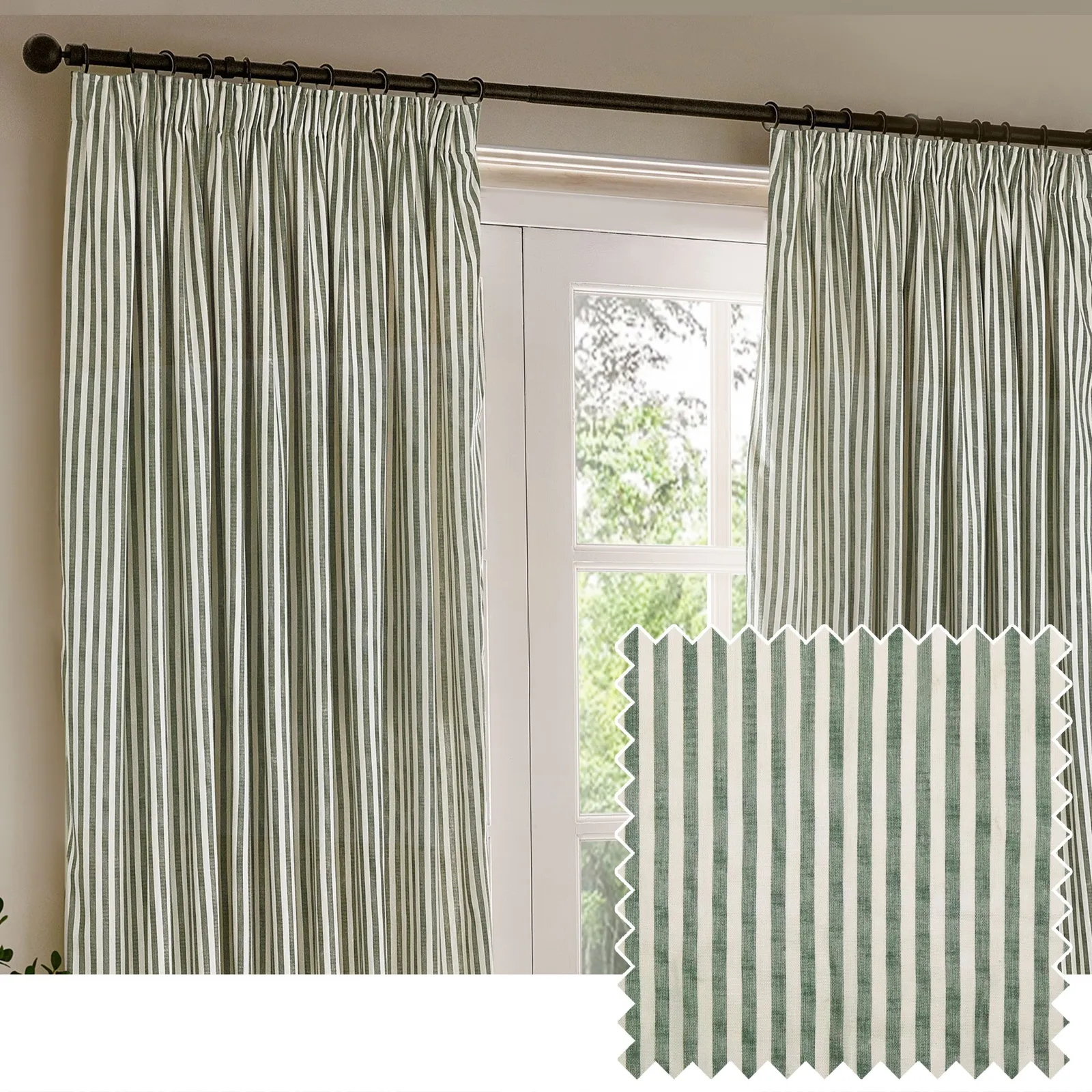 Yard Hebden Striped 100% Cotton Lined Pencil Pleat Curtain Pair in Bottle Green 1