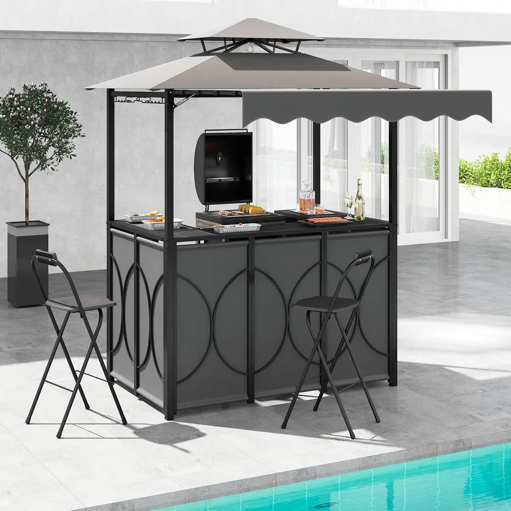 Costway Grill Gazebo w/ Awning Outdoor BBQ Canopy w/Table & 2 Foldable Chairs in Grey 6