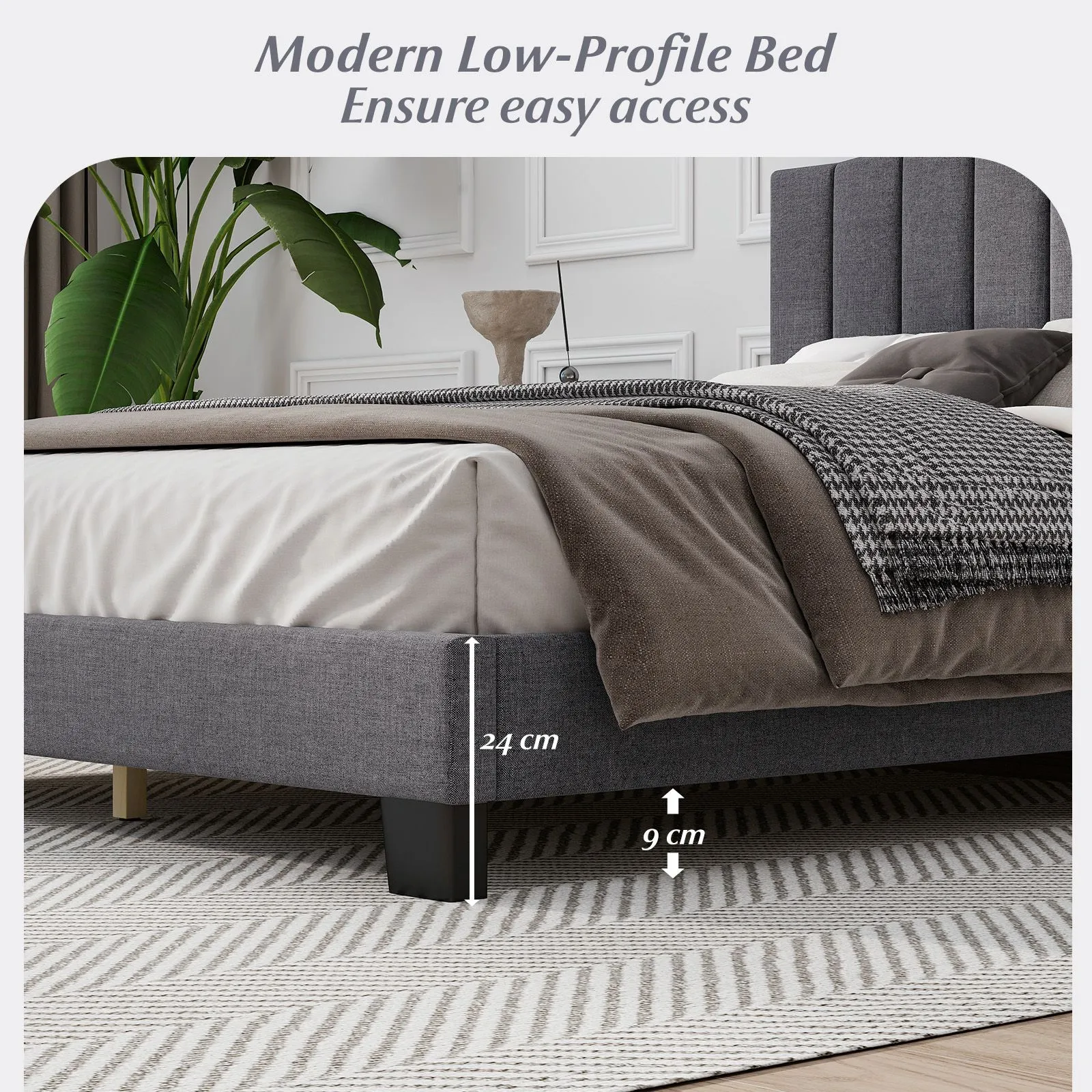 Costway Modern Upholstered Bed Frame Double Size Platform Bed in Grey 6