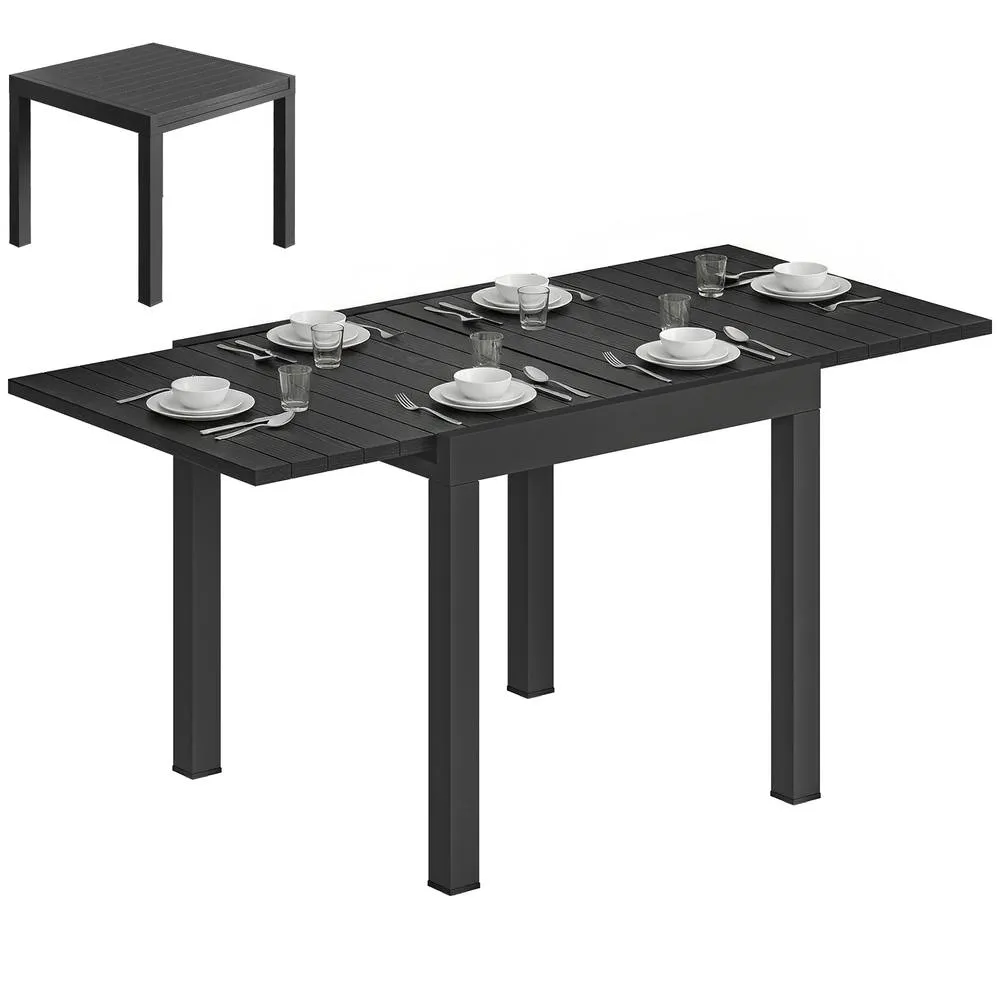 OUTSUNNY Aluminium Extending Garden Table with Faux Wood Slatted Top, Black 2