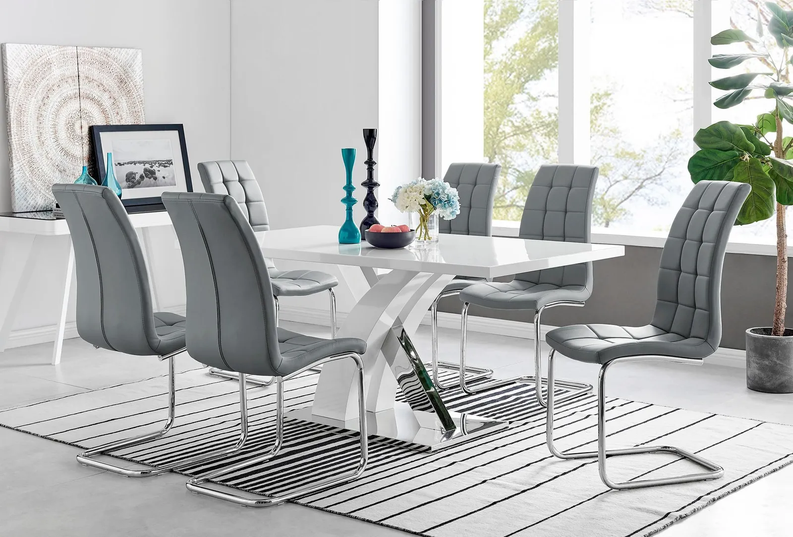 FurnitureboxUK Atlanta Modern Rectangle Chrome Metal High Gloss White Dining Table & 6 Murano Chairs Set in Grey 1