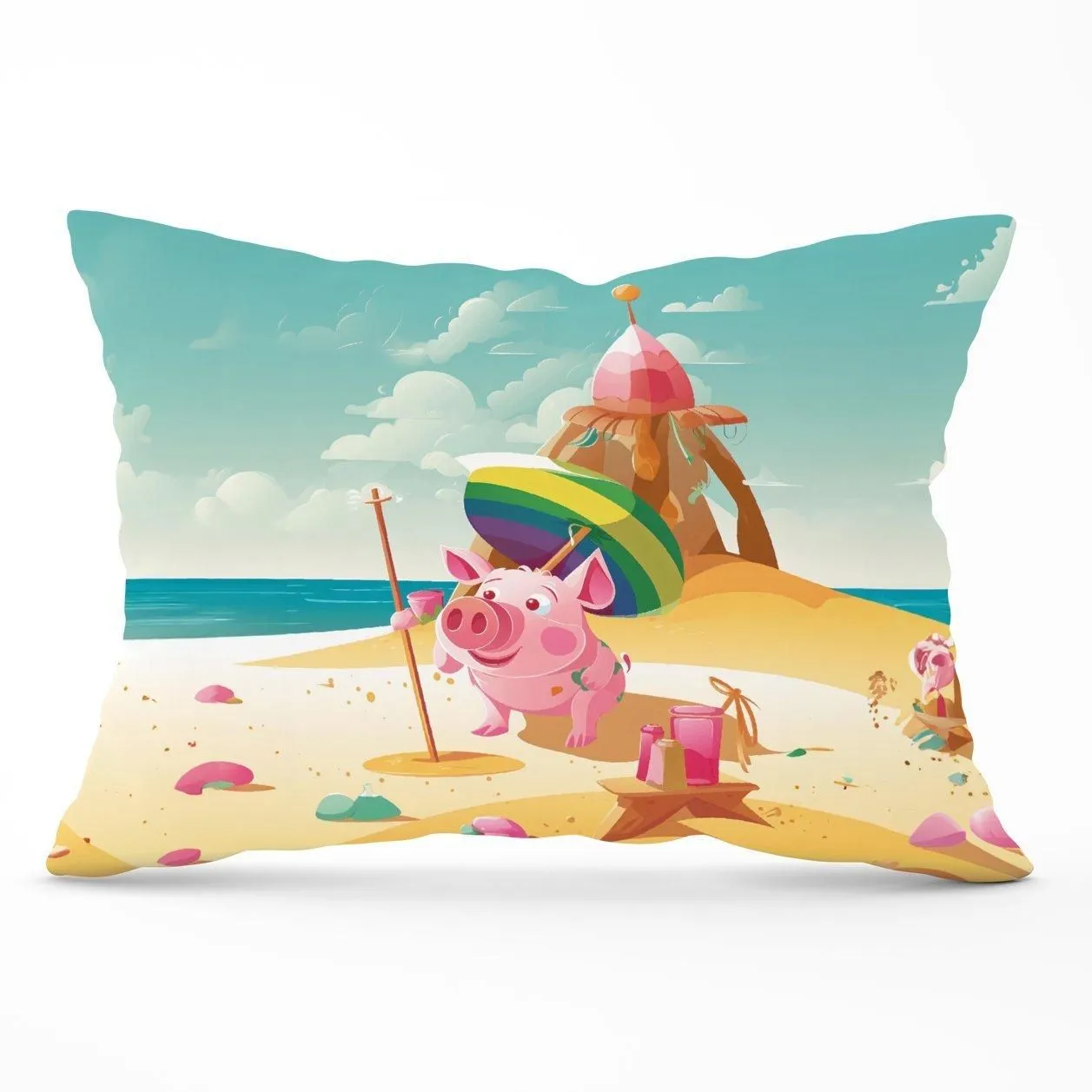 Warren Reed - Designer Piglet On A Beach Holiday Cushions in Yellow