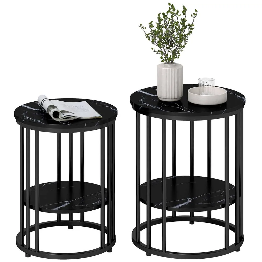 HOMCOM Marble-Effect Round Coffee Table Set of 2 for Living Room, Black 2