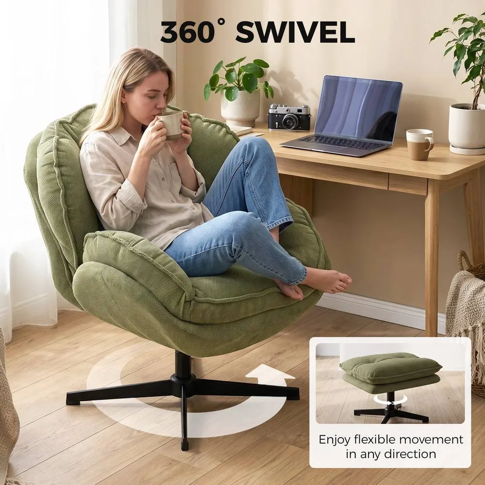 HOMCOM Armchair with Adjustable Footstool, 360° Swivel Accent Chair in Green 5