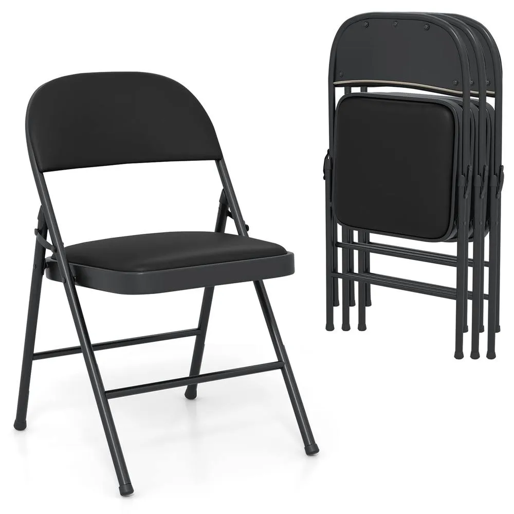 Costway 4 Pack Folding Chairs Padded Party Chairs with Metal Frame-Black in Black