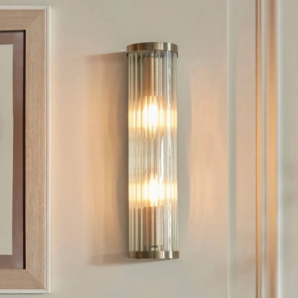 Netlighting Ridgeton Wall Lamp Antique Brass Plate & Clear Ribbed Glass 2x E14 in Gold 2