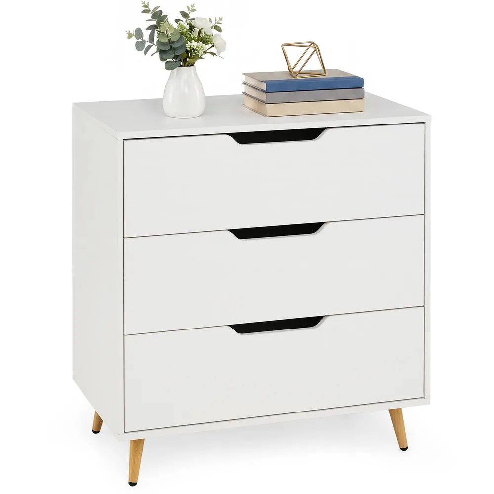 Costway Modern 3-Drawer Dresser Wooden Nightstand Tall Chest of Drawers in White
