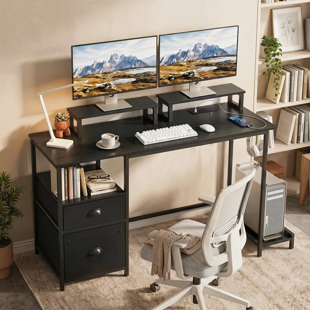 Costway Computer Desk with Power Outlets Office Desk with 2 Monitor Shelves in Black 4