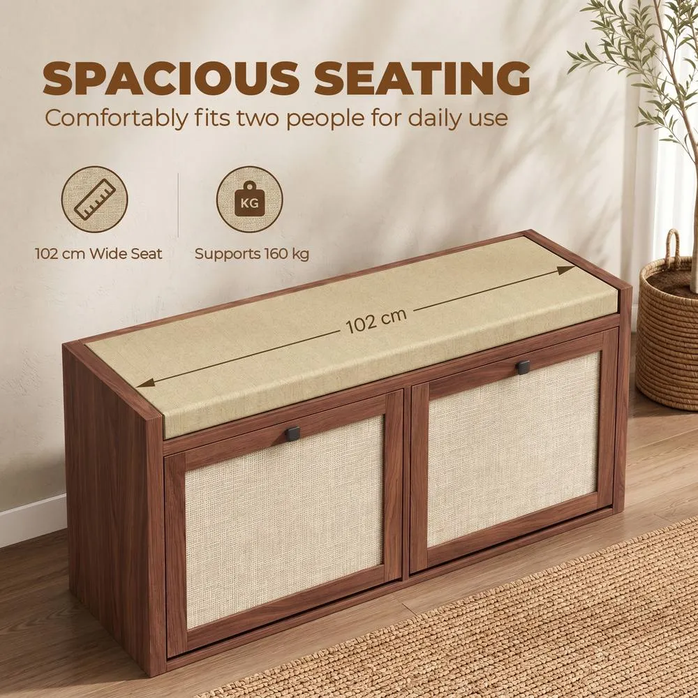 HOMCOM Rattan Shoe Bench with Padded Cushion & 2 Cabinets, Brown 6