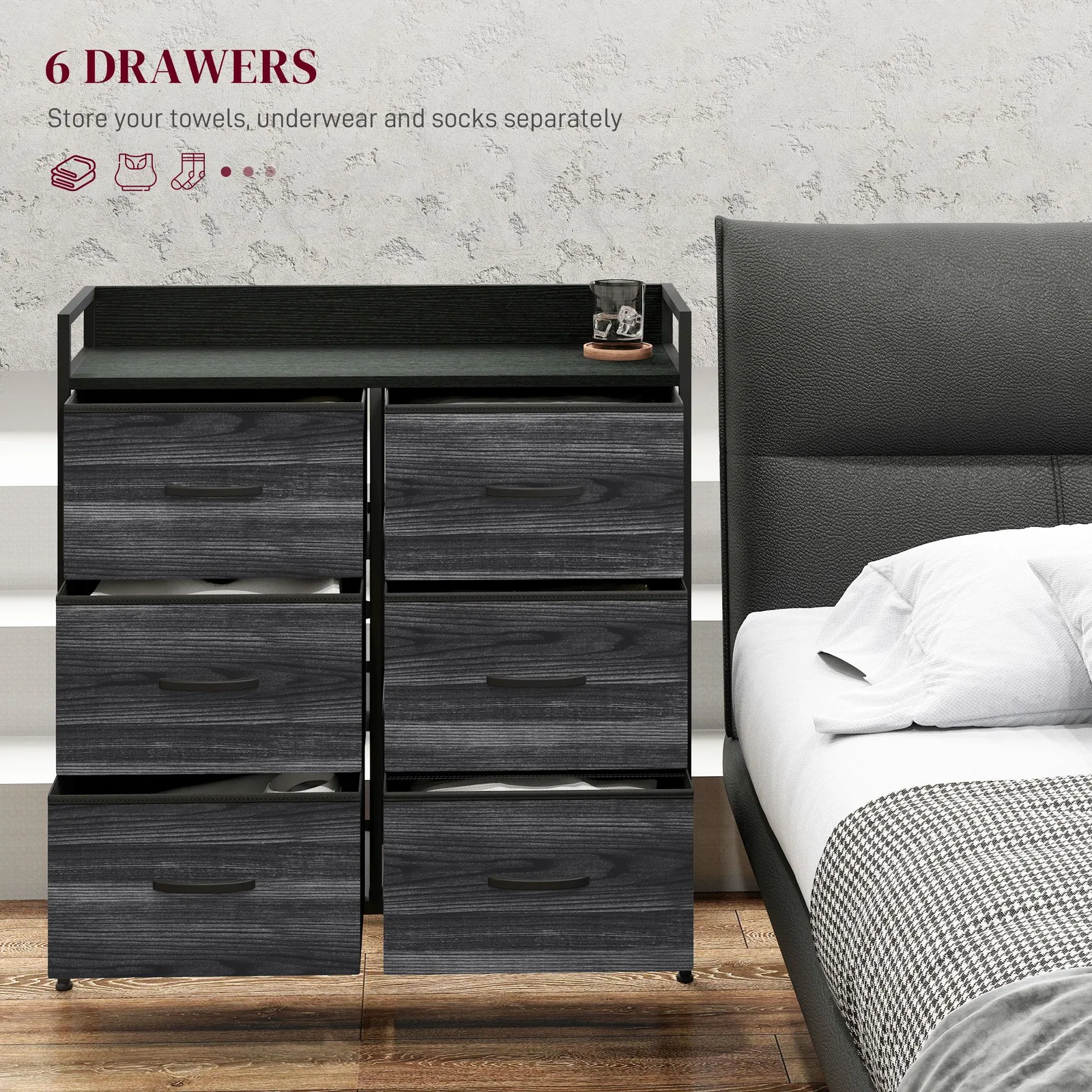 HOMCOM Bedroom Chest of Drawers 6 Drawer Dresser w/ Shelf, Black 4