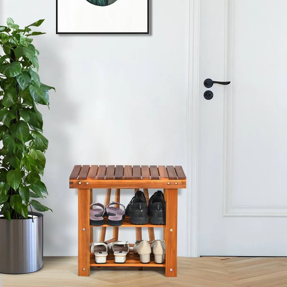 Costway Acacia Wood Shoe Rack Bench 3-Tier Shoe Organizer 50x28x45cm in Brown 6