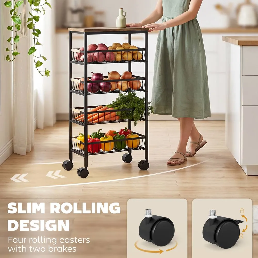 HOMCOM Metal Kitchen Trolley with Pull-Out Baskets, Rustic Brown 4