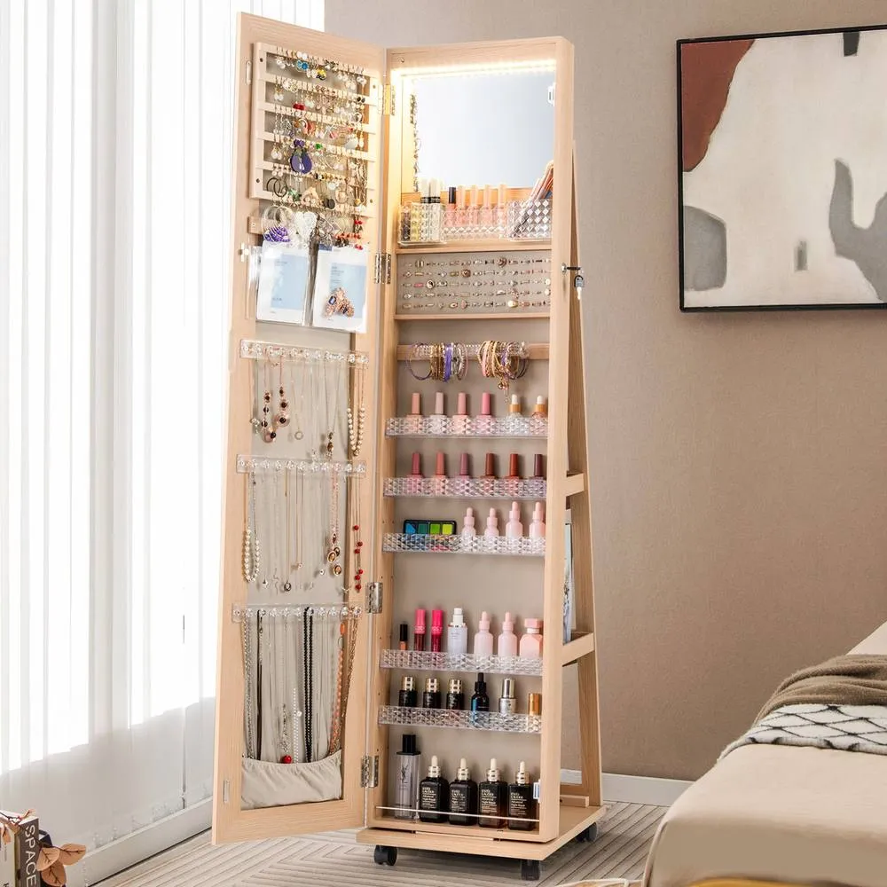Costway 3-in-1 Jewelry Cabinet 360° Swivel Mirror Jewelry Armoire in Natural