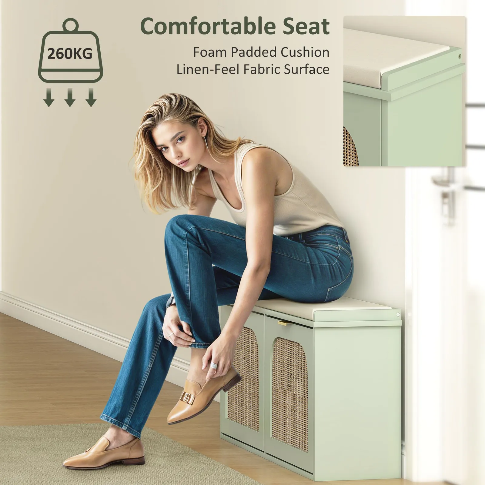 HOMCOM Boho Shoe Bench with Padded Seat & 2 Flip-Drawers in Light Green 6