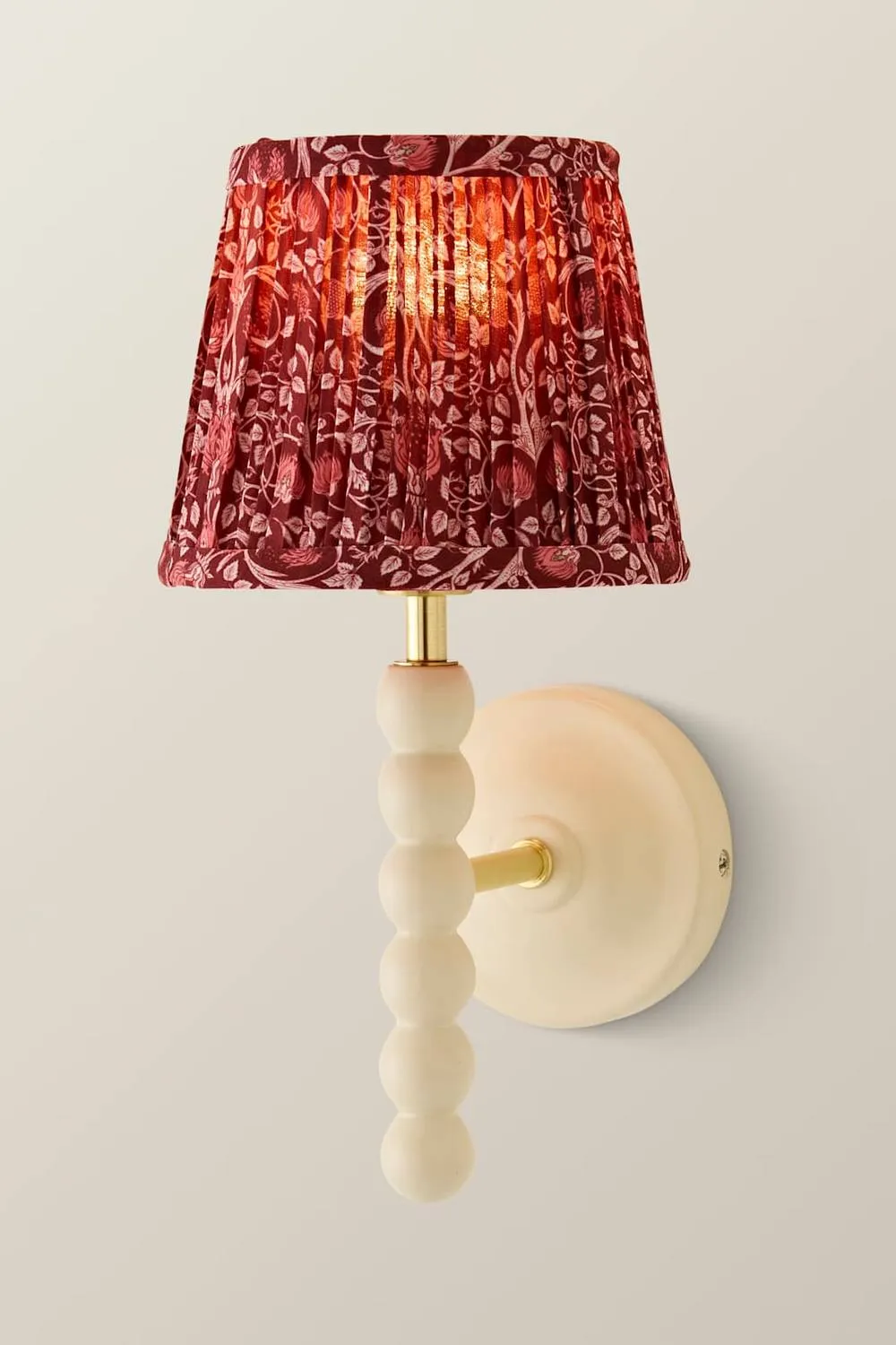 ValueLights Bobbins Burgundy Floral Pleated Shade Wooden Bobble Wall Light in Cream 3