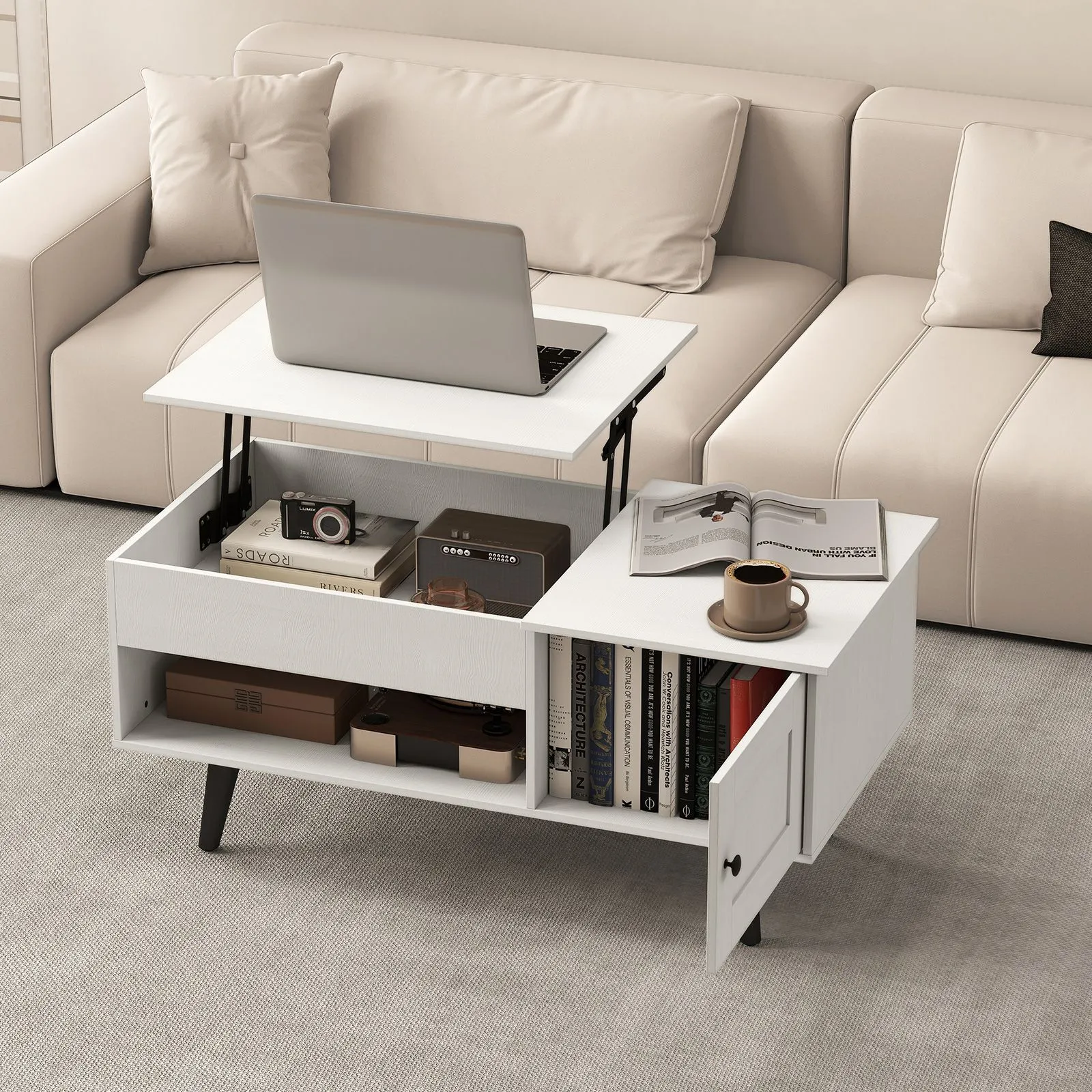 Costway Modern Lift Top Coffee Table Pull up Coffee Table w/ Storage in White 5